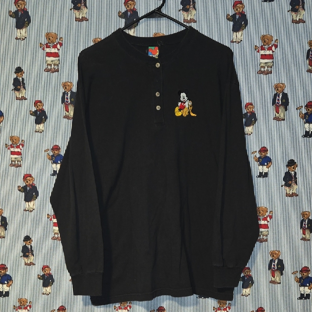 Mickey & Co Vintage 90s Black Long Sleeve Disney Henley Shirt Size Large